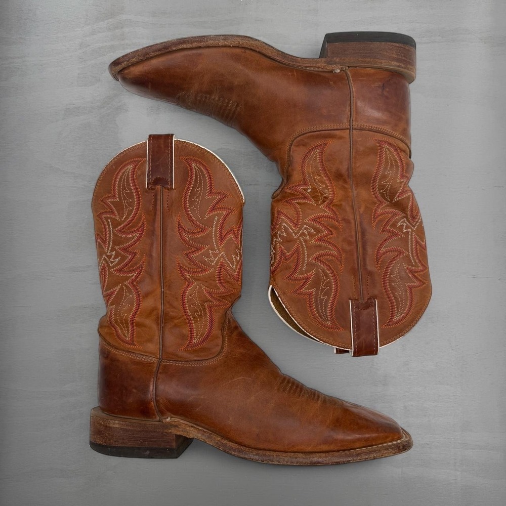Justin Cowboy Boots Brown Leather Square Toe Western Stitched 9.5 D